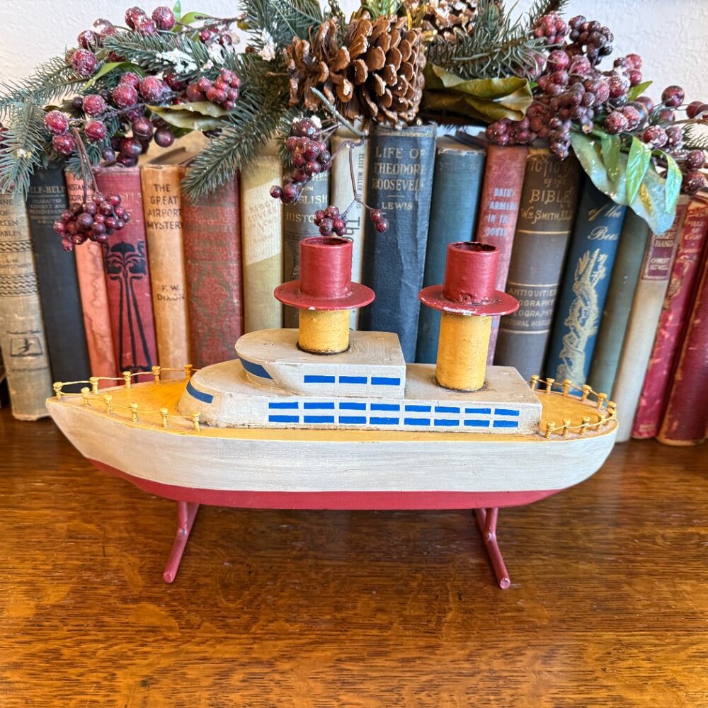 Unique Hand carved Wooden Ship Candle Holder 12.5" Long - Picture 6 of 17